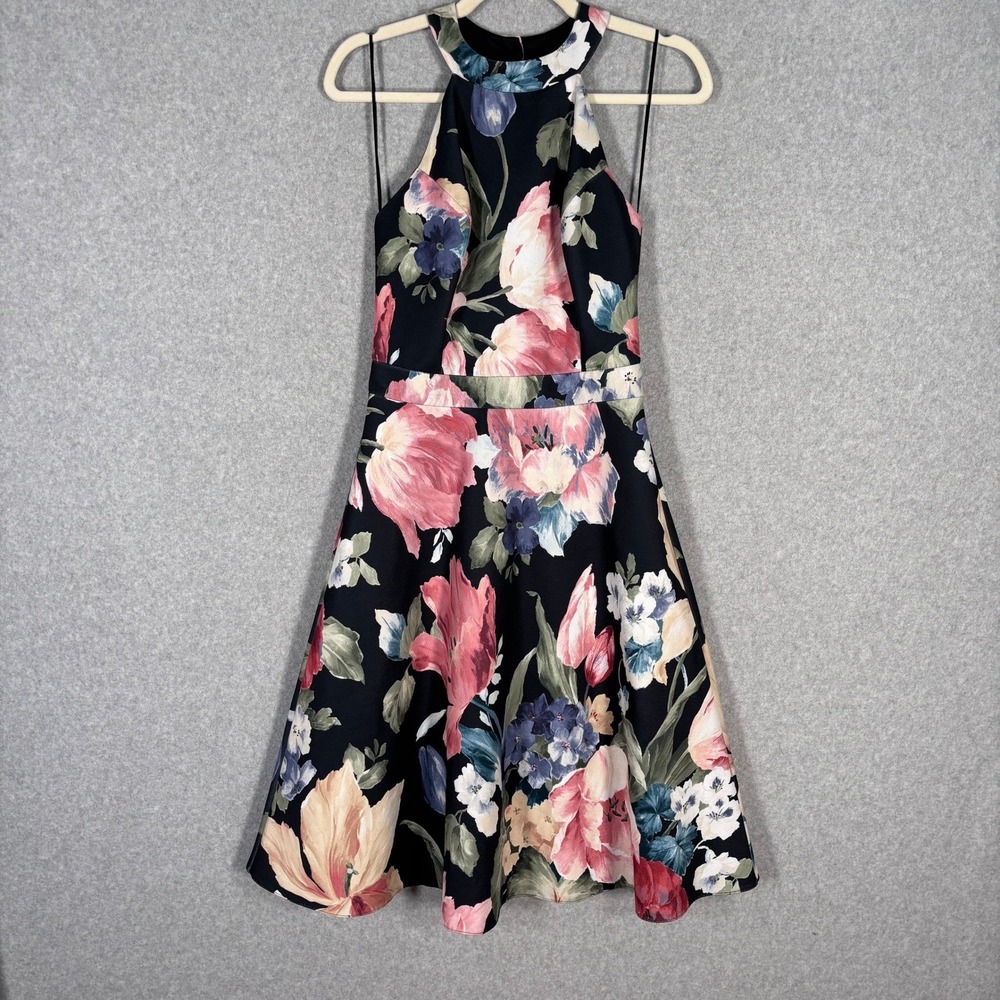 Miss Selfridge Dress US Sz 4 Dark Floral Halter Crochet Romantic Feminine Flare